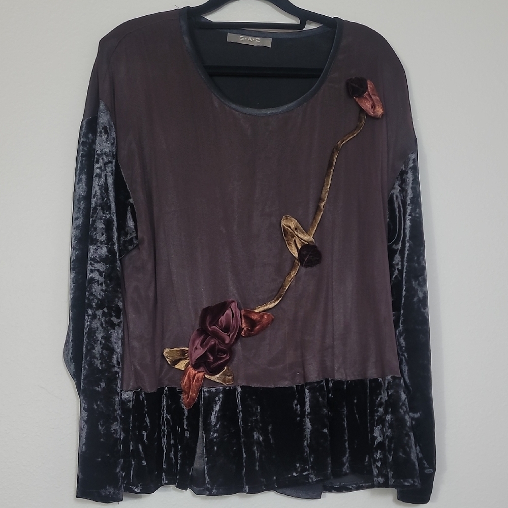 Vintage Velvet 3D Floral Long Sleeve Blouse Top Size L Whimsigoth Y2K Fairy